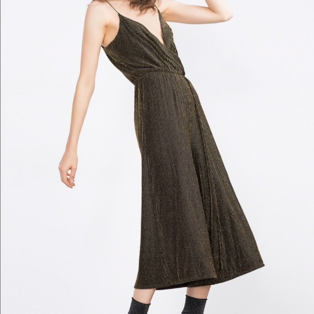 Zara Gold Shimmer Thread Jumpsuit Size Medium